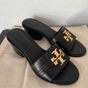 Tory Burch Everly Block Heel Leather Slide Sandals with Gold Logo